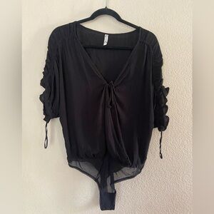 Free People Cleo Bodysuit Tie Cutout  Black V Neck Short Sleeve Ruffle S NWOT